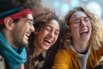 Obraz premium Group of happy friends students sharing hearty laugh over funny joke together. Young people engage in playful tricks celebrating April Fools Day