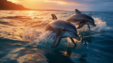 A playful pod of dolphins, leaping and frolicking in the sparkling blue sea. - obrazy, fototapety, plakaty