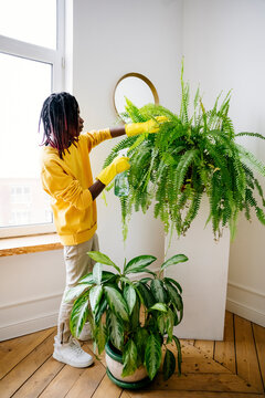 Young man wearing gloves and watering plants at home