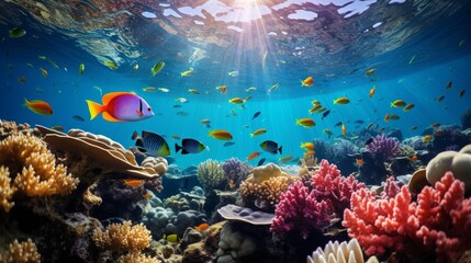 Fototapeta na wymiar A vibrant coral reef teeming with colorful fish, creating an underwater kaleidoscope of life.