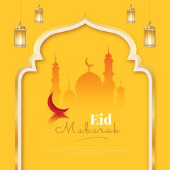 Eid, Mubarak, wishes, or greeting post Islamic yellow background eid, al, fitr, design with mosque, or lantern, social media wishing, banner, vector illustration