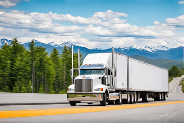 A large truck driving on the highway outdoors next to the snow-capped mountains