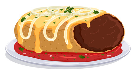 Enchilada with Cheese, Onions, Crema and Cilantro Toppings on a Plate with Red Enchilada Sauce 