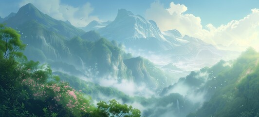 Serene anime-style landscape with lush mountains, waterfalls, and delicate mists, accented by pink flowers and birds in flight, all bathed in a gentle, sunlit glow.