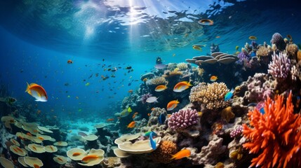 A vibrant coral reef teeming with colorful fish, creating an underwater kaleidoscope of life.