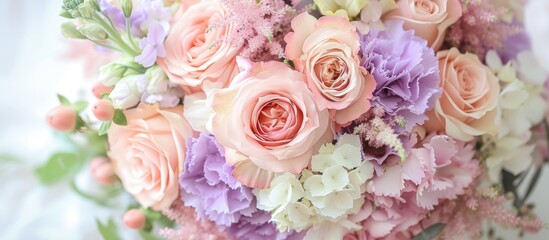 Obraz premium A pastel bouquet with pink and lilac roses, carnations, and hydrangeas for a stylish romantic wedding.