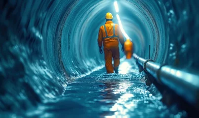 Poster A worker walks in a round tunnel through water. © Andreas