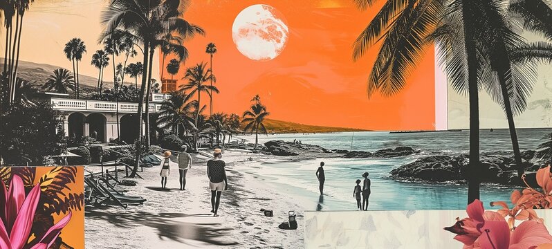 A vintage-inspired collage art featuring a monochrome beach scene with leisurely figures, historic architecture, and palm trees against a radiant orange sunset