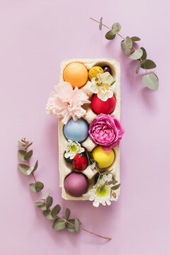 Colorful Easter eggs in carton decorated with flowers over pink background