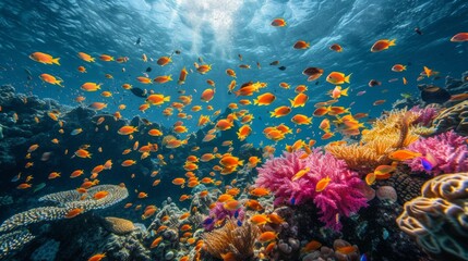 Fototapeta na wymiar A vibrant coral reef teeming with colorful fish, creating an underwater kaleidoscope of life.
