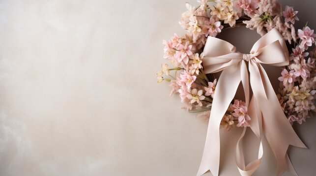 A stylish Easter wreath adorned with a solitary silk ribbon, suspended on a neutral wall.