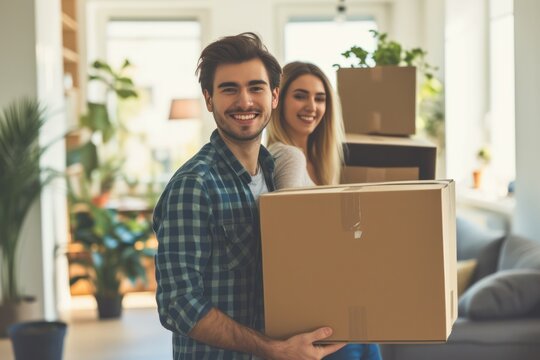 Young couple moving in into new apartment 