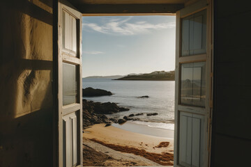 View through an open window with shutters, to see a sandy beach, rocky coastline,  and beautiful blue sky with sunrising...
