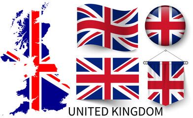 The various patterns of the United Kingdom national flags and the map of the United Kingdom borders