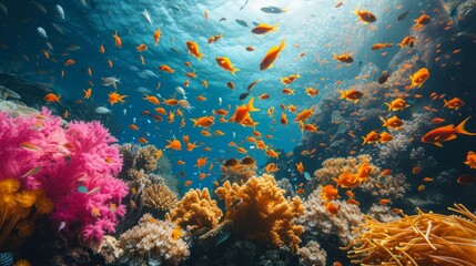 Naklejka na ściany i meble A vibrant coral reef teeming with colorful fish, creating an underwater kaleidoscope of life.