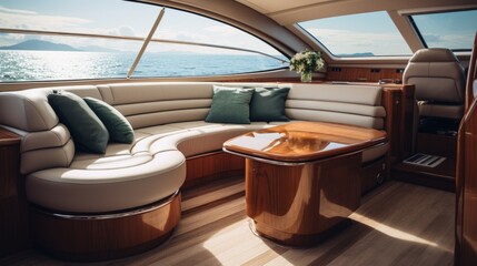 A minimalistic luxury yacht interior with polished wood and leather accents. - obrazy, fototapety, plakaty