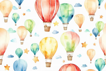 Hot air balloon background in watercolor hand drawn style
