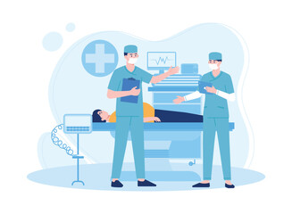 patient in hospital bed  doctors and nurses providing medical care concept flat illustration