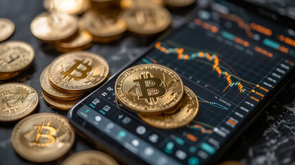 Physical Bitcoins on a digital tablet displaying a downward trending financial chart, concept of market analysis.