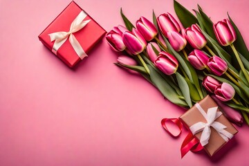 Craft a visually enchanting narrative for Mother's Day or Valentine's with a top-view image featuring a beautifully adorned gift box, ribbon, and a bouquet of tulips on a captivating pink surface.