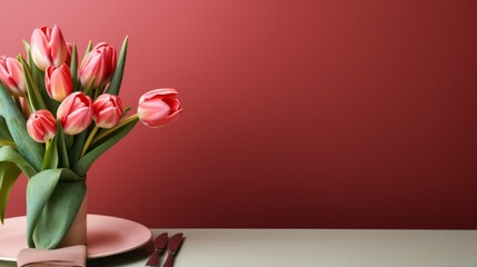 An elegant Easter table setting adorned with a solitary, artfully arranged tulip as the centerpiece.