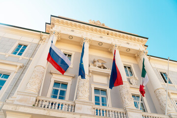 Slovenia, Coastal-Karst, Piran, National flags on town hall balcony
