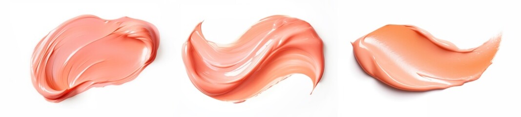 banner cosmetic smear of glossy lip gloss texture in peach color on white background - obrazy, fototapety, plakaty