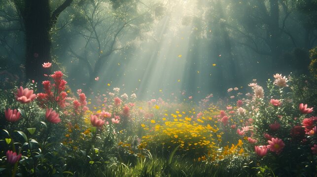 Landscape of Spring Blooms in Enchanted Forest: Diverse and Flowing Elegance (3F)