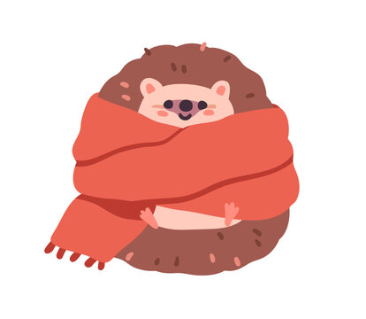 Cute funny hedgehog wrapped in warm scarf. Happy smiling kawaii forest animal in cold winter weather. Adorable sweet kids character. Childish flat vector illustration isolated on white background
