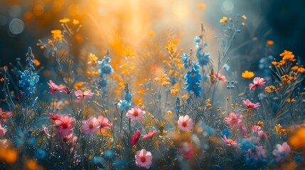 Fototapeta na wymiar Spring Blooms in Enchanted Forest: Diverse Flowers in Soft Elegance (9F)