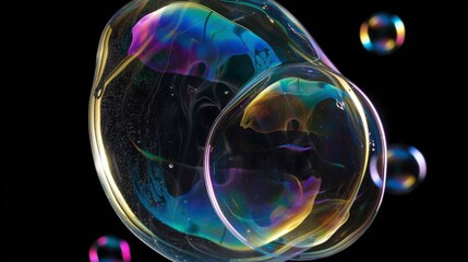 Closeup of a shiny soap bubbles with reflection on black background