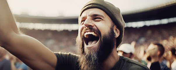 Football fan with beard yells supporting favourite team at stadium closeup. Happy man screams...