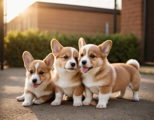Corgi puppies on a walk.