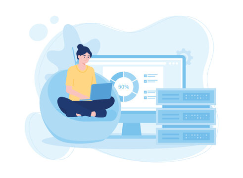 woman with laptop analysis data storage via website concept flat illustration