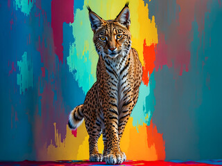 An urban-style, artistic image showcasing a lynx poised against a vibrant and colorful abstract background, merging wild elegance with contemporary flair.