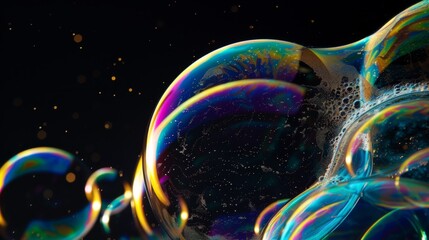 Closeup of a shiny soap bubbles with reflection on black background - obrazy, fototapety, plakaty