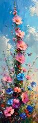 sweet flower garden with butterflies in baby pink and blue theme painting style