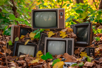Pile of retro old televisions in the nature.Environment problems concept.