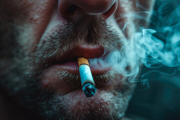 Close-up of a man's face with a lit cigarette in his mouth, smoking - obrazy, fototapety, plakaty