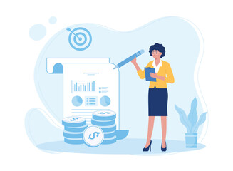 woman writing company data report document concept flat illustration