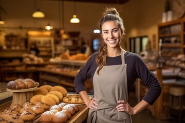 Smiling businesswoman stands in own artisanal bakery wearing apron. Young woman happy to open new cafe in city. Successful business in field of public services
