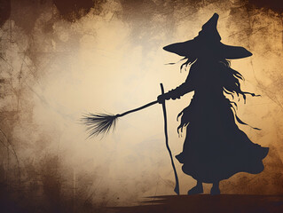 The shadow of the silhouette of a witch with a broom on a textured background. - obrazy, fototapety, plakaty