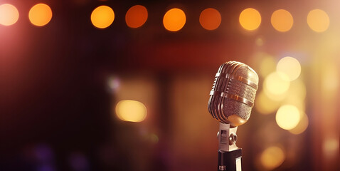 Closeup vintage retro microphone on stage, music background is beautiful bokeh lights