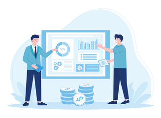 analysis and monitoring with business teams on monitoring report dashboards concept flat illustration
