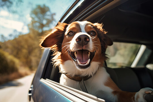 A very happy dog enjoying a car ride, with its head out the window feeling the breeze, AI Generative.