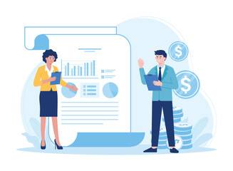business woman and business man with diagram document information concept flat illustration