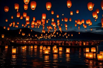 Create a playlist of music that complements the serene and enchanting atmosphere of a sky filled with floating lanterns. - obrazy, fototapety, plakaty