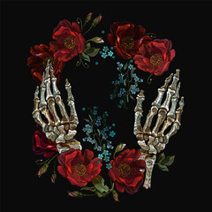 Embroidery. Skeleton hands and wild red roses. Template for clothes, textiles, t-shirt design. Gothic style concept. Romantic floral dark medieaval background