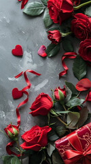 Valentines Day background with chocolates, hearts, flowers and presents