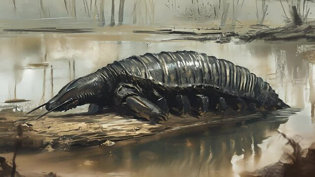 A lone trilobite clinging to a floating log the last surviving member of its species in the floodravaged plain.